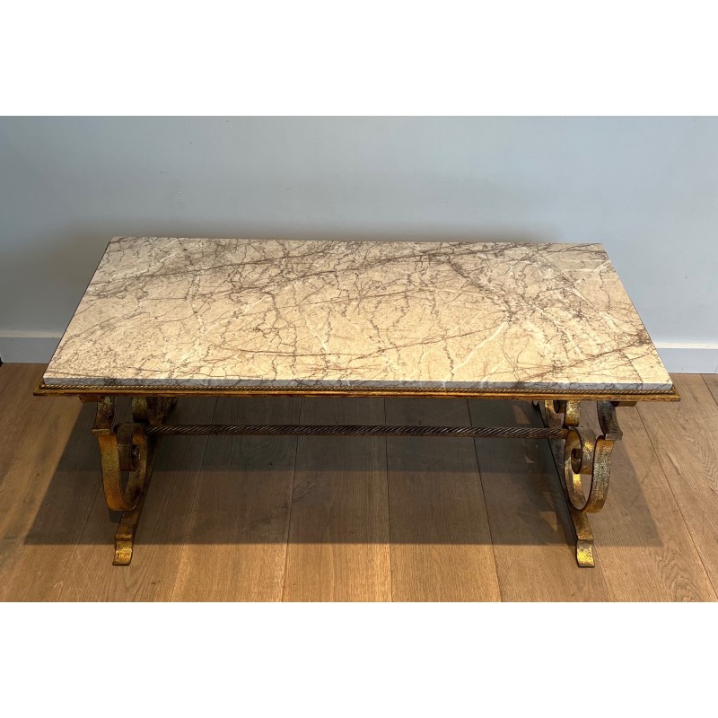 Table Basse en Fer Forgé Doré à Plateau de Marbre, Travail Français, Vers 1940