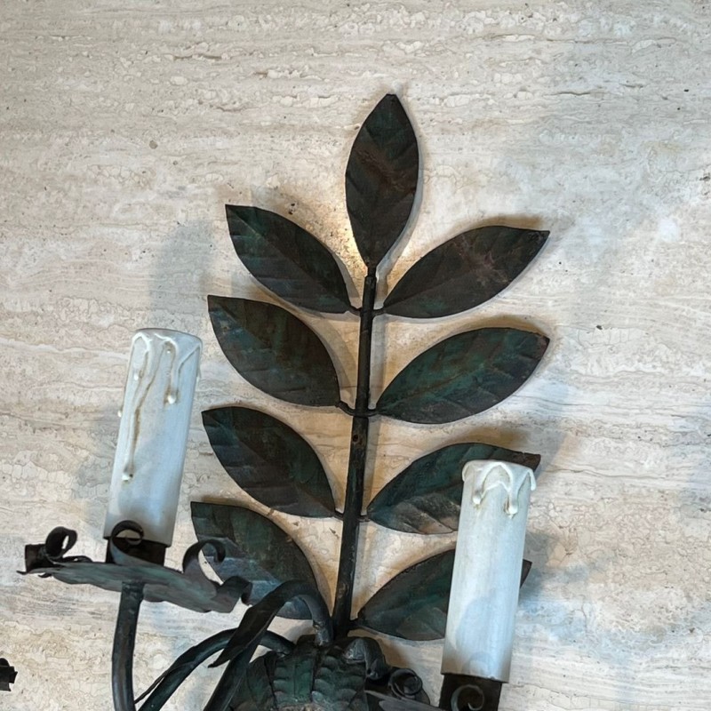 Pair of Decorative Wall Sconces with Sunflowers and Foliage in Patinated Metal