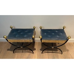 Pair of Neoclassical Curule Stools in Black Lacquered Metal with Brass Ball Feet and Velvet, French Work, Circa 1950