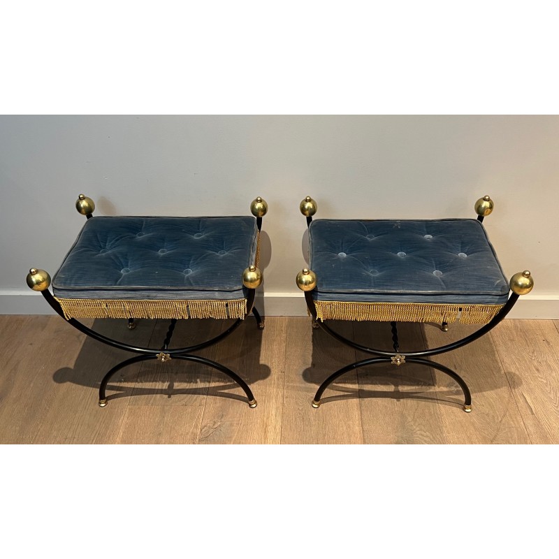 Pair of Neoclassical Curule Stools in Black Lacquered Metal with Brass Ball Feet and Velvet, French Work, Circa 1950