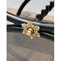 Paire de Tabourets Curules Néoclassiques en Métal Laqué Noir, Boules de Laiton et Velours, Travail Français, Vers 1950