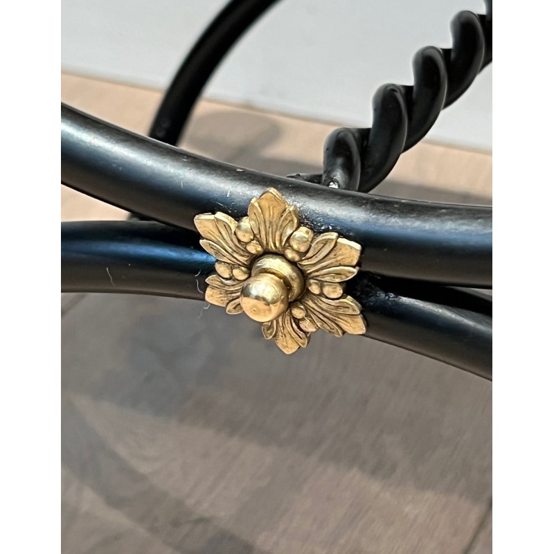 Pair of Neoclassical Curule Stools in Black Lacquered Metal with Brass Ball Feet and Velvet, French Work, Circa 1950