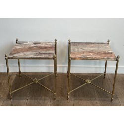 Paire de Boûts de Canapé de Style Néoclassique en Laiton et Plateaux de Marbre de la Maison Jansen