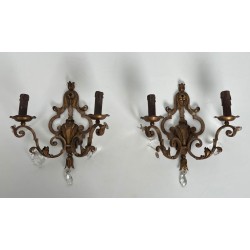 Pair of Patinated Wrought Iron Wall Sconces with Gilded Acanthus Leaves and Crystals