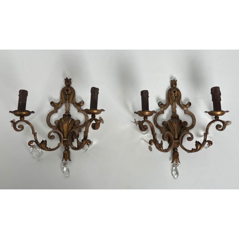 Pair of Patinated Wrought Iron Wall Sconces with Gilded Acanthus Leaves and Crystals