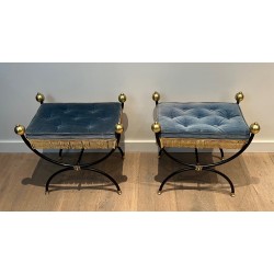 Pair of Neoclassical Curule Stools in Black Lacquered Metal with Brass Ball Feet and Velvet, French Work, Circa 1950