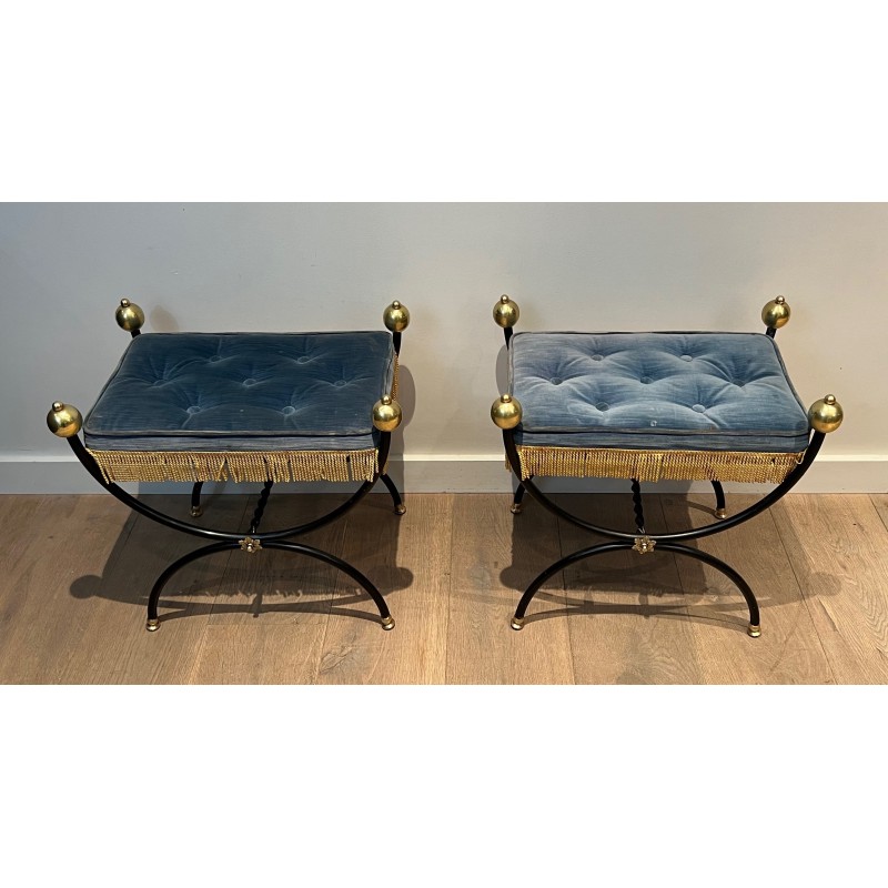 Pair of Neoclassical Curule Stools in Black Lacquered Metal with Brass Ball Feet and Velvet, French Work, Circa 1950