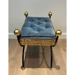 Paire de Tabourets Curules Néoclassiques en Métal Laqué Noir, Boules de Laiton et Velours, Travail Français, Vers 1950