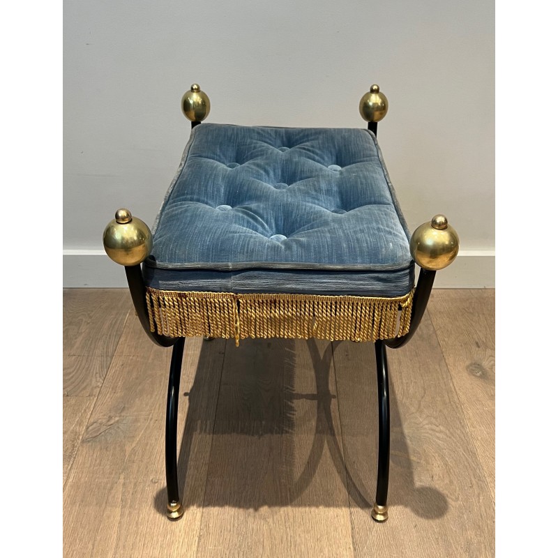 Pair of Neoclassical Curule Stools in Black Lacquered Metal with Brass Ball Feet and Velvet, French Work, Circa 1950