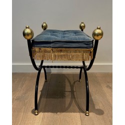 Pair of Neoclassical Curule Stools in Black Lacquered Metal with Brass Ball Feet and Velvet, French Work, Circa 1950