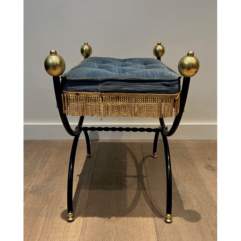 Pair of Neoclassical Curule Stools in Black Lacquered Metal with Brass Ball Feet and Velvet, French Work, Circa 1950