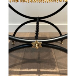 Pair of Neoclassical Curule Stools in Black Lacquered Metal with Brass Ball Feet and Velvet, French Work, Circa 1950
