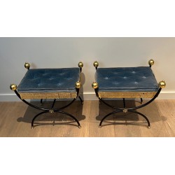 Pair of Neoclassical Curule Stools in Black Lacquered Metal with Brass Ball Feet and Velvet, French Work, Circa 1950