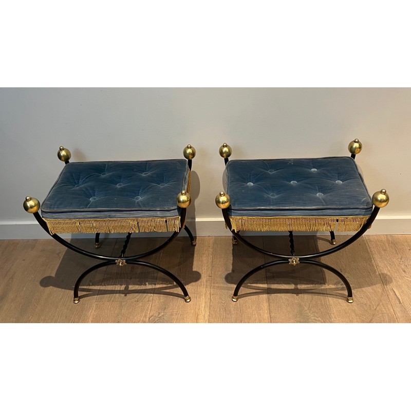 Pair of Neoclassical Curule Stools in Black Lacquered Metal with Brass Ball Feet and Velvet, French Work, Circa 1950