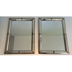 Paire de Miroirs Rectangulaires à Miroirs Multi-Facettes et Guirlandes en Laiton, Travail Français, Vers 1970