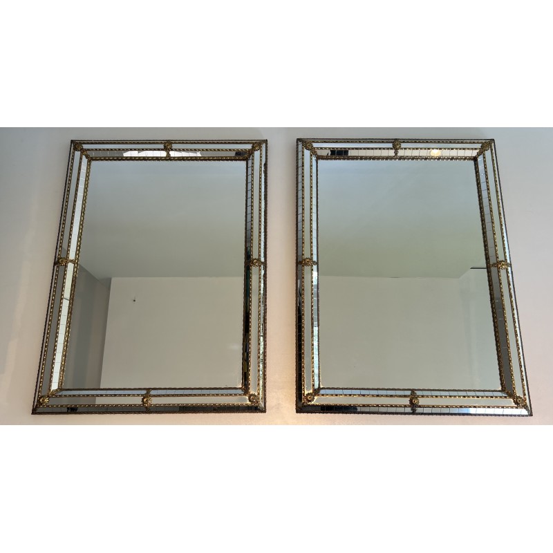 Pair of Rectangular Multi-Facet Mirrors with Brass Garlands, French Work, Circa 1970