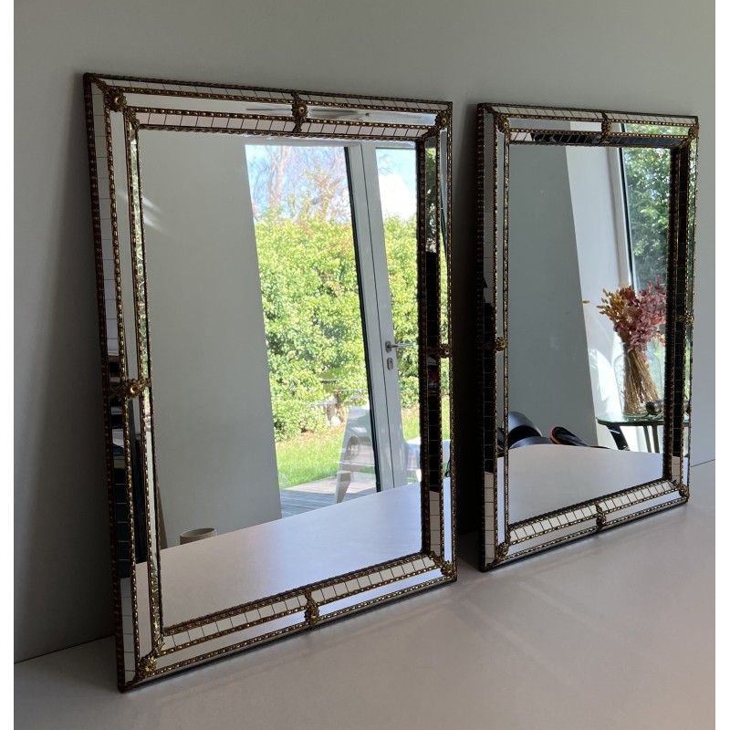 Paire de Miroirs Rectangulaires à Miroirs Multi-Facettes et Guirlandes en Laiton, Travail Français, Vers 1970