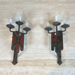 Large Pair of Wrought Iron Wall Lights with Coat of Arms and 3 Light Arms in the Gothic Style