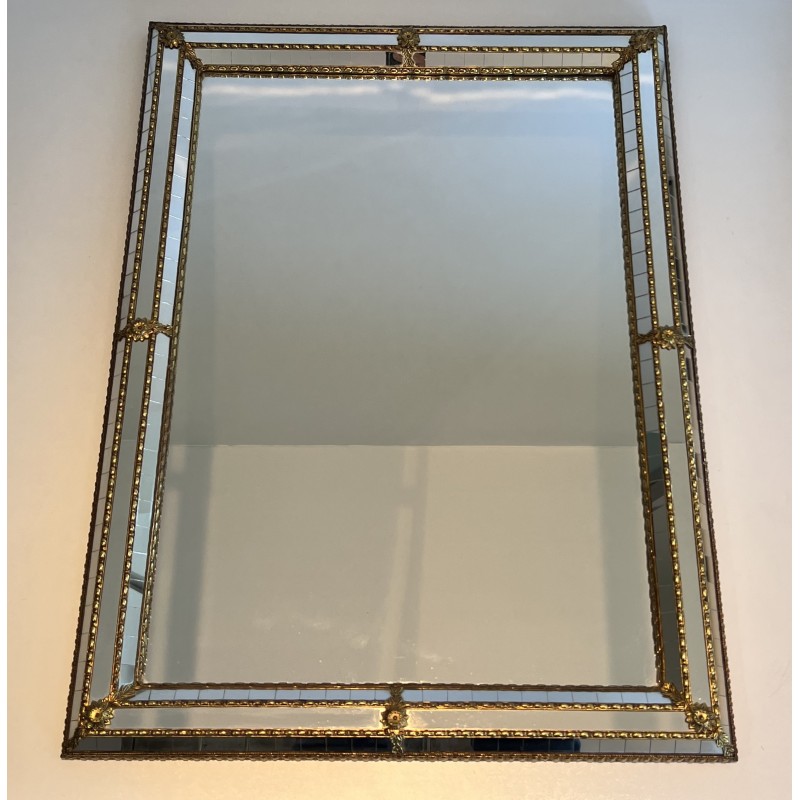 Paire de Miroirs Rectangulaires à Miroirs Multi-Facettes et Guirlandes en Laiton, Travail Français, Vers 1970