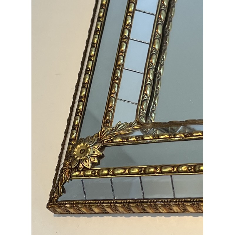 Pair of Rectangular Multi-Facet Mirrors with Brass Garlands, French Work, Circa 1970