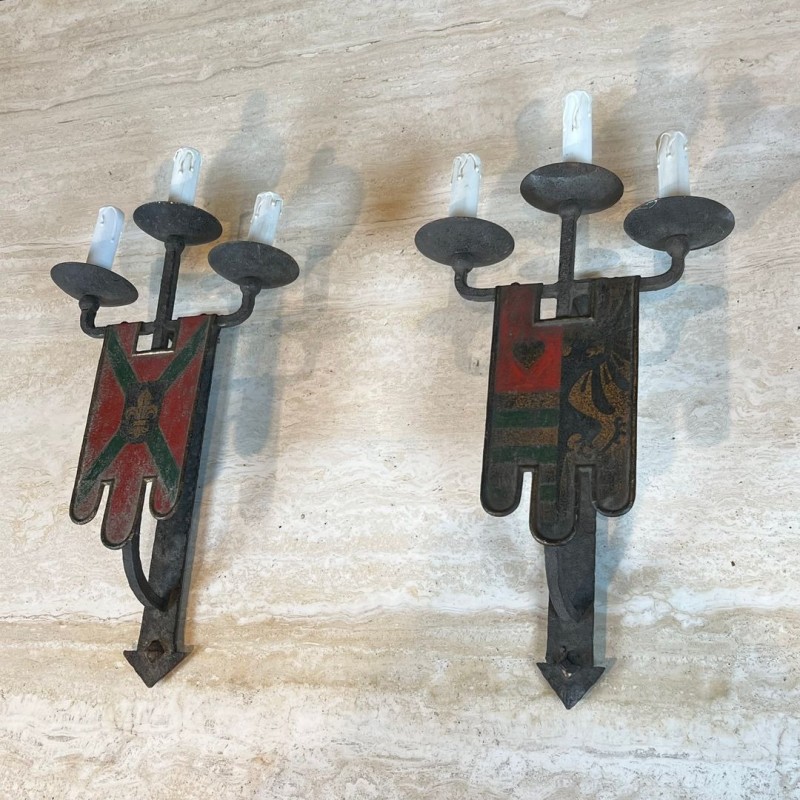 Large Pair of Wrought Iron Wall Lights with Coat of Arms and 3 Light Arms in the Gothic Style