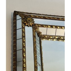 Pair of Rectangular Multi-Facet Mirrors with Brass Garlands, French Work, Circa 1970