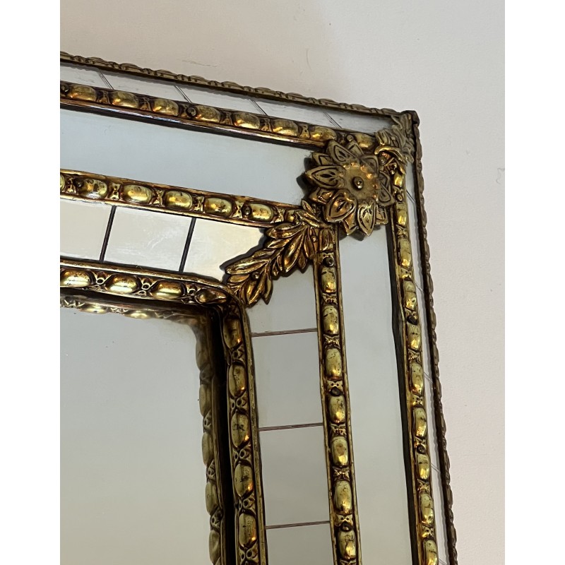 Pair of Rectangular Multi-Facet Mirrors with Brass Garlands, French Work, Circa 1970