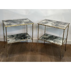 Paire de Boûts de Canapé Façon Faux-Bambou en Bronze et Plateaux de Miroirs Vieillis d ela Maison Baguès