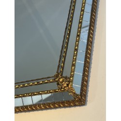 Paire de Miroirs Rectangulaires à Miroirs Multi-Facettes et Guirlandes en Laiton, Travail Français, Vers 1970