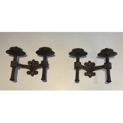 Pair of Gothic Style Wrought Iron Wall Lights with 2 Arms
