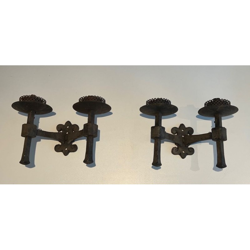 Paire d'Appliques en Fer Forgé à 2 Bras de Lumière de Style Gothique