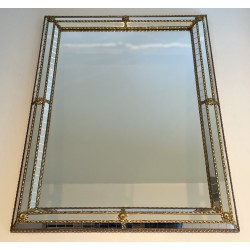 Pair of Rectangular Multi-Facet Mirrors with Brass Garlands, French Work, Circa 1970