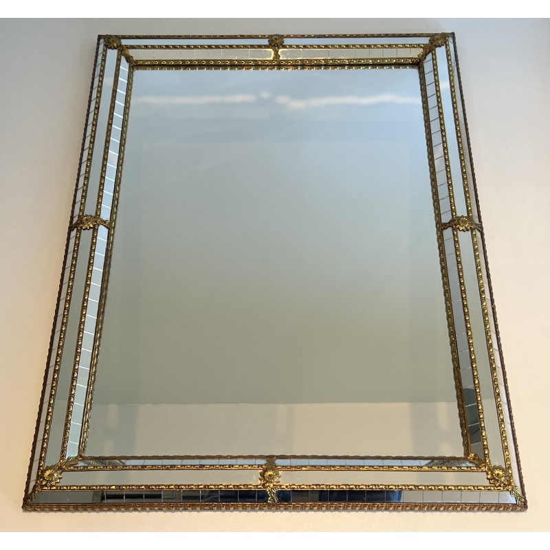 Pair of Rectangular Multi-Facet Mirrors with Brass Garlands, French Work, Circa 1970