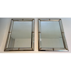 Paire de Miroirs Rectangulaires à Miroirs Multi-Facettes et Guirlandes en Laiton, Travail Français, Vers 1970