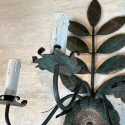 Paire d' Appliques Décoratives aux Tournesols et Feuillages en Métal Patiné