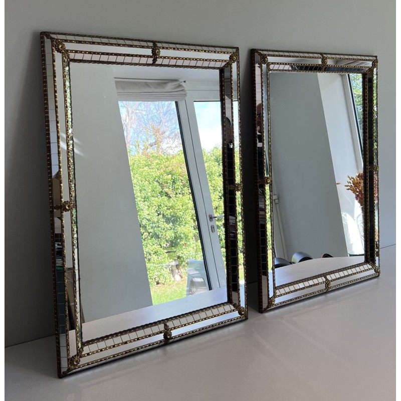 Pair of Rectangular Multi-Facet Mirrors with Brass Garlands, French Work, Circa 1970