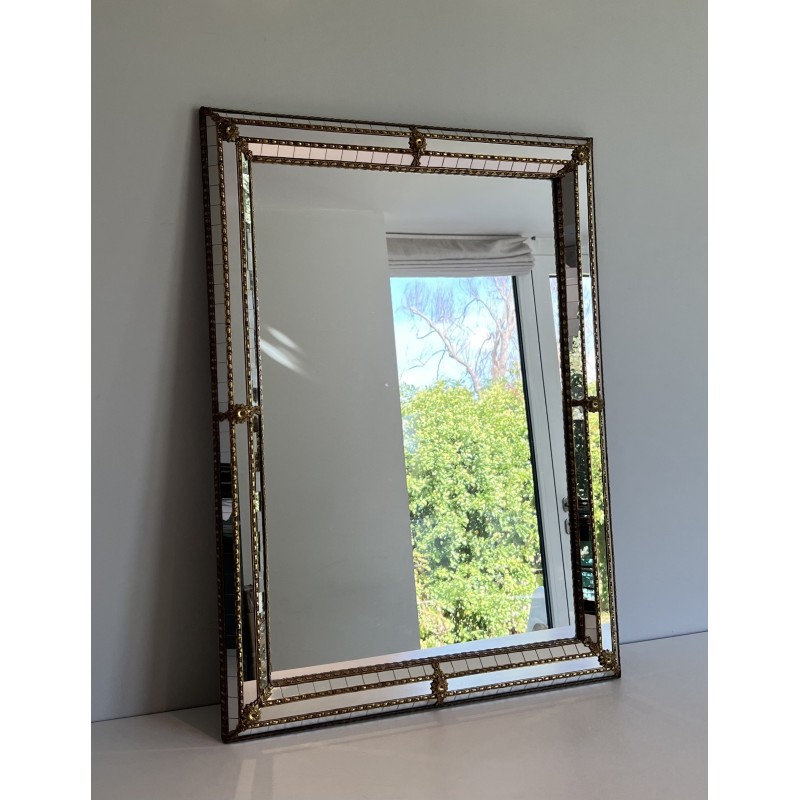 Paire de Miroirs Rectangulaires à Miroirs Multi-Facettes et Guirlandes en Laiton, Travail Français, Vers 1970