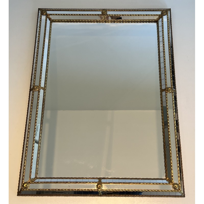 Pair of Rectangular Multi-Facet Mirrors with Brass Garlands, French Work, Circa 1970