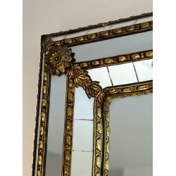 Pair of Rectangular Multi-Facet Mirrors with Brass Garlands, French Work, Circa 1970
