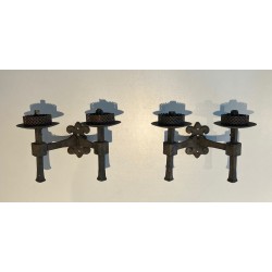 Paire d'Appliques en Fer Forgé à 2 Bras de Lumière de Style Gothique