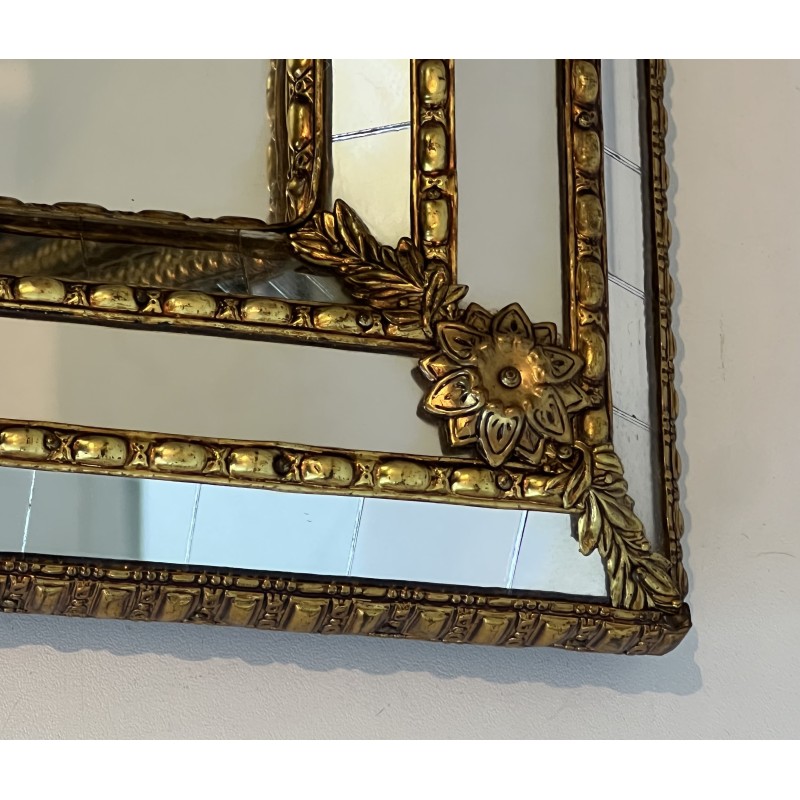 Pair of Rectangular Multi-Facet Mirrors with Brass Garlands, French Work, Circa 1970