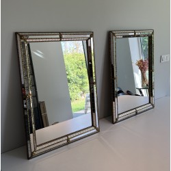 Pair of Rectangular Multi-Facet Mirrors with Brass Garlands, French Work, Circa 1970