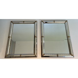 Pair of Rectangular Multi-Facet Mirrors with Brass Garlands, French Work, Circa 1970