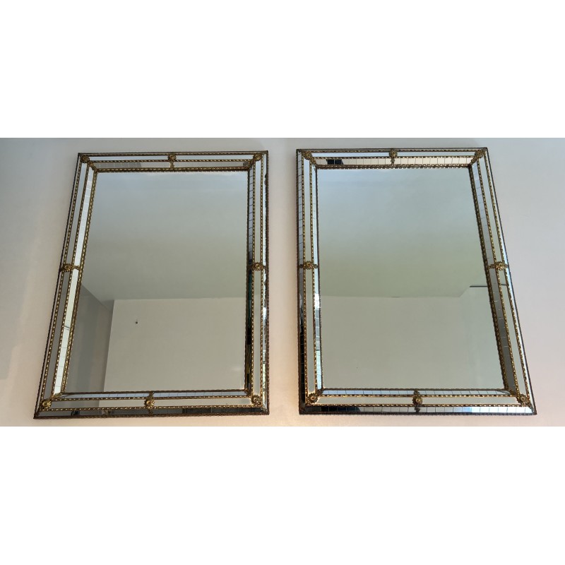Paire de Miroirs Rectangulaires à Miroirs Multi-Facettes et Guirlandes en Laiton, Travail Français, Vers 1970