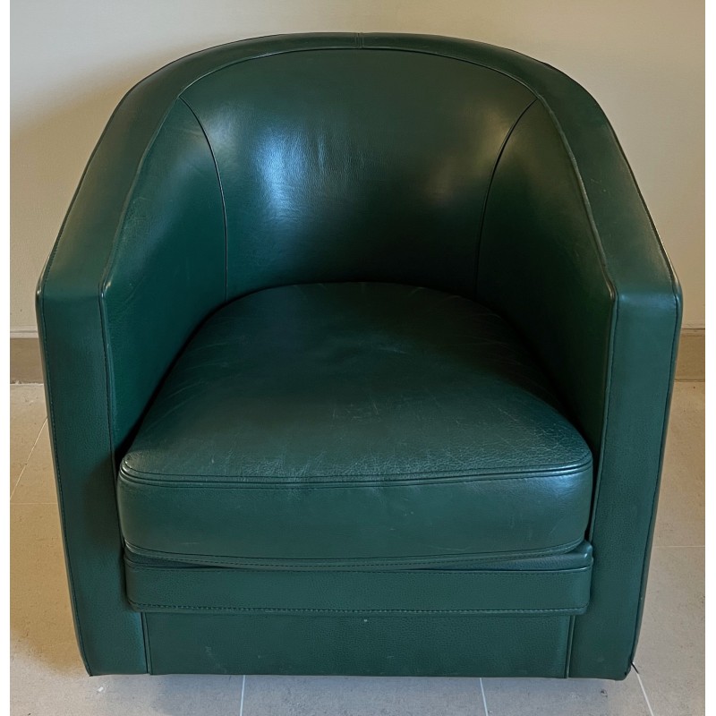 Art Deco Style Swivel Dark Green Leather Club Armchair, French Work, Circa 1980