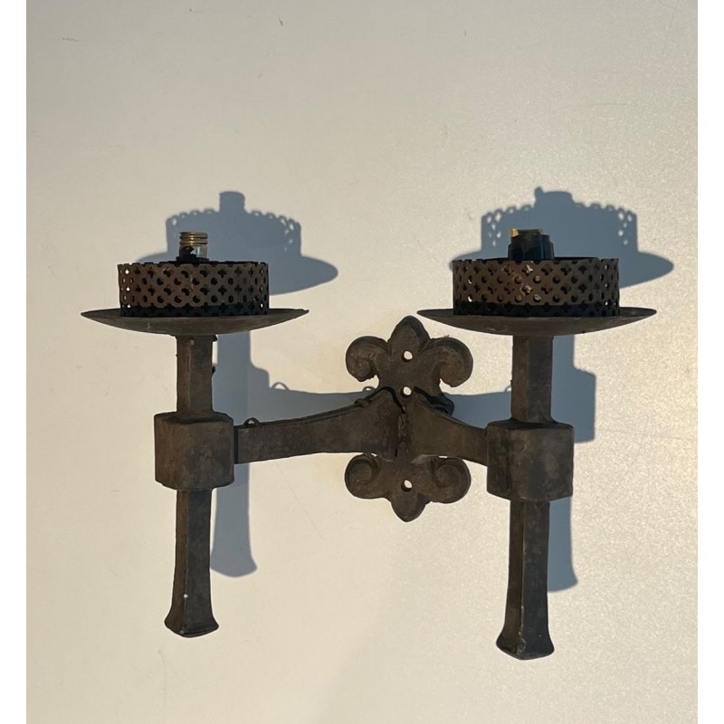 Pair of Gothic Style Wrought Iron Wall Lights with 2 Arms