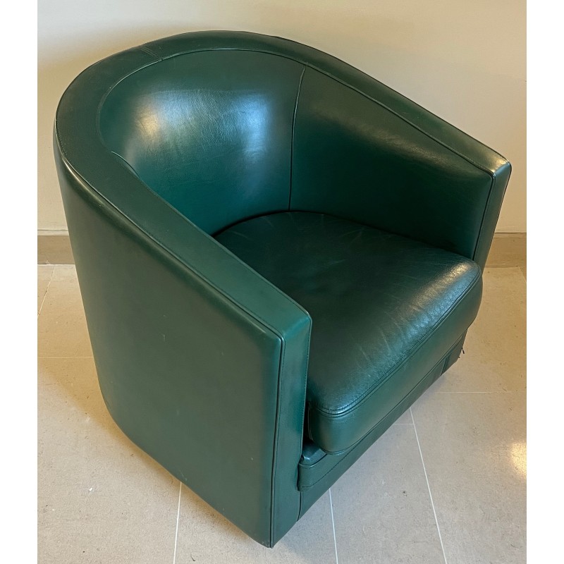 Art Deco Style Swivel Dark Green Leather Club Armchair, French Work, Circa 1980