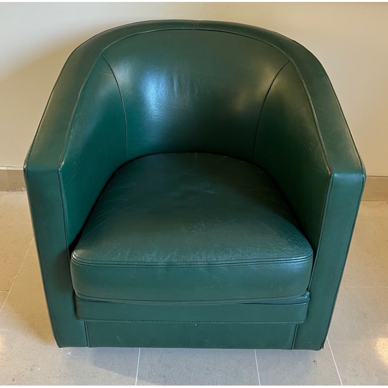 Art Deco Style Swivel Dark Green Leather Club Armchair, French Work, Circa 1980