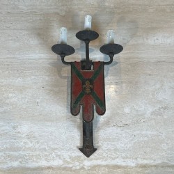 Large Pair of Wrought Iron Wall Lights with Coat of Arms and 3 Light Arms in the Gothic Style