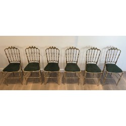 Rare Suite de Six Chaises Chiavari en Laiton à Assises en Velours Vert, Travail Italien, Vers 1940